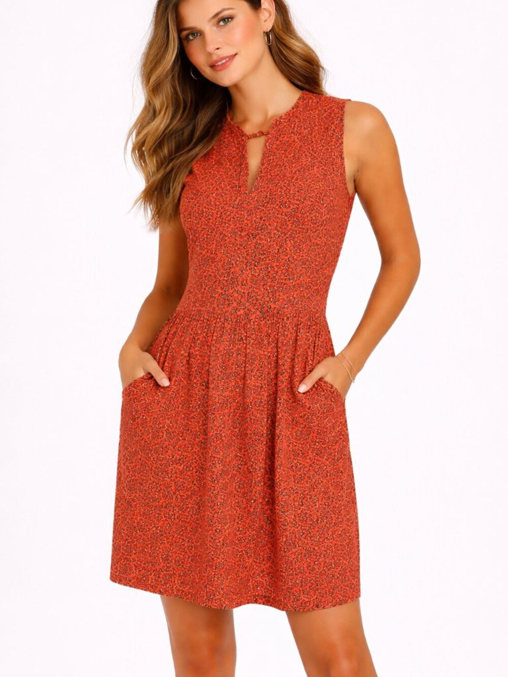 Anthropologie Lil First Blush Floral Pocket Dress Orange Sleeveless Size 6